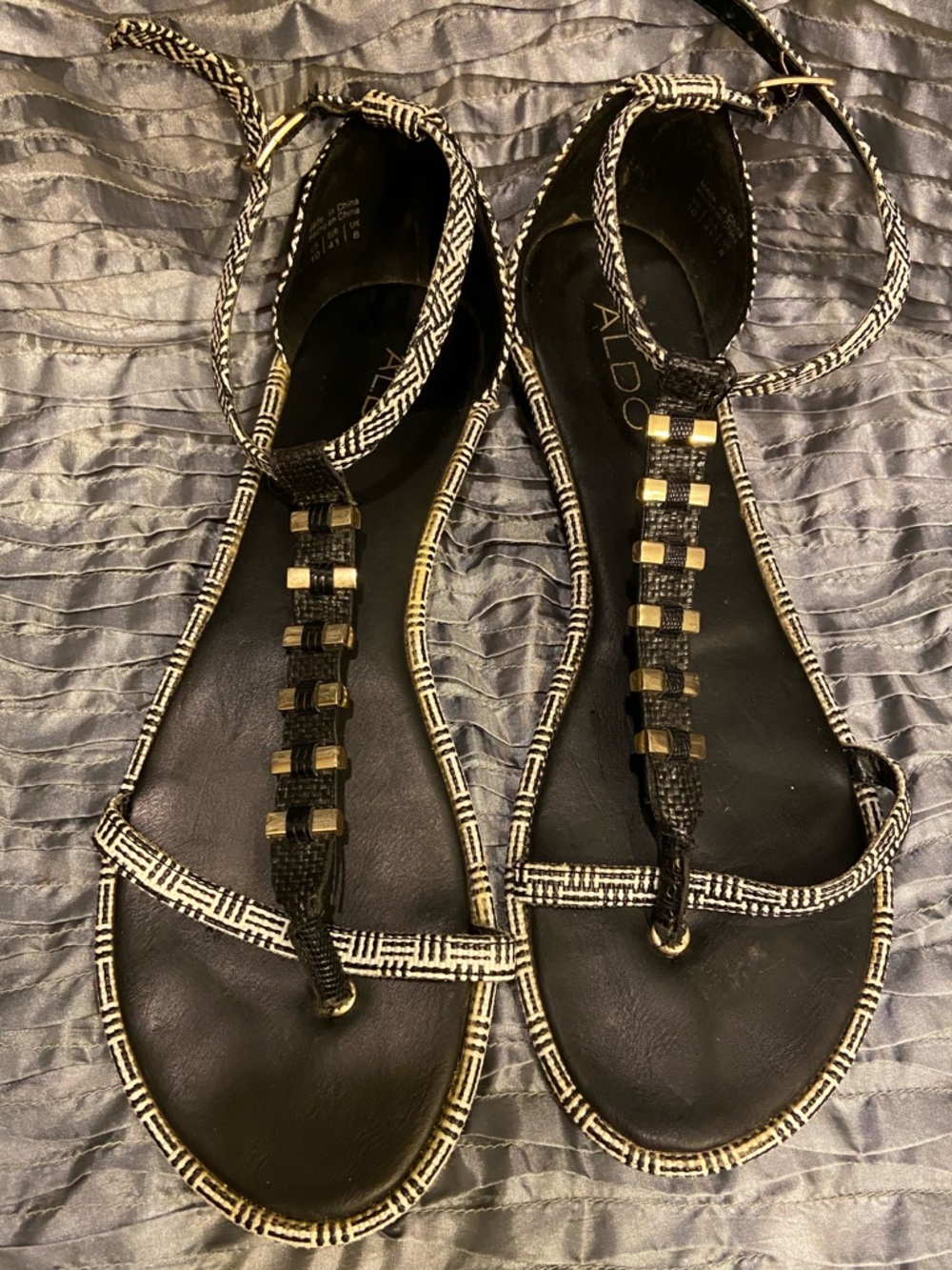 Vintage Aldo Black T-Strap Sandals with White & Black Pattern and Gold Accents